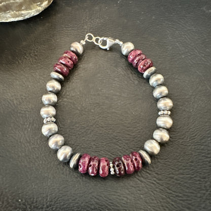 Purple Spiny Oyster 8mm Bead Bracelet Navajo Sterling Silver 6.5" 18946