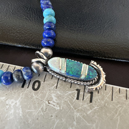 WoMens Opal Inlay Pendant Navajo Sterling Silver Blue Lapis Bead Necklace 18914
