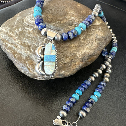 WoMens Opal Inlay Pendant Navajo Sterling Silver Blue Lapis Bead Necklace 18916