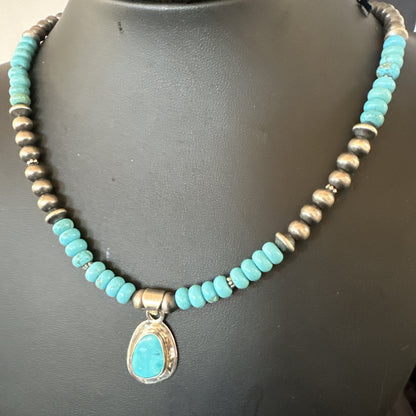 WoMens Blue Kingman Turquoise Pendant Navajo Sterling Silver Necklace 21" 18939