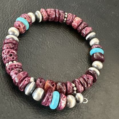 Purple Spiny Turquoise 8mm Wire Bead Wrap Bracelet Navajo Sterling Silver 18902