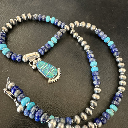 WoMens Opal Inlay Pendant Navajo Sterling Silver Blue Lapis Bead Necklace 18917