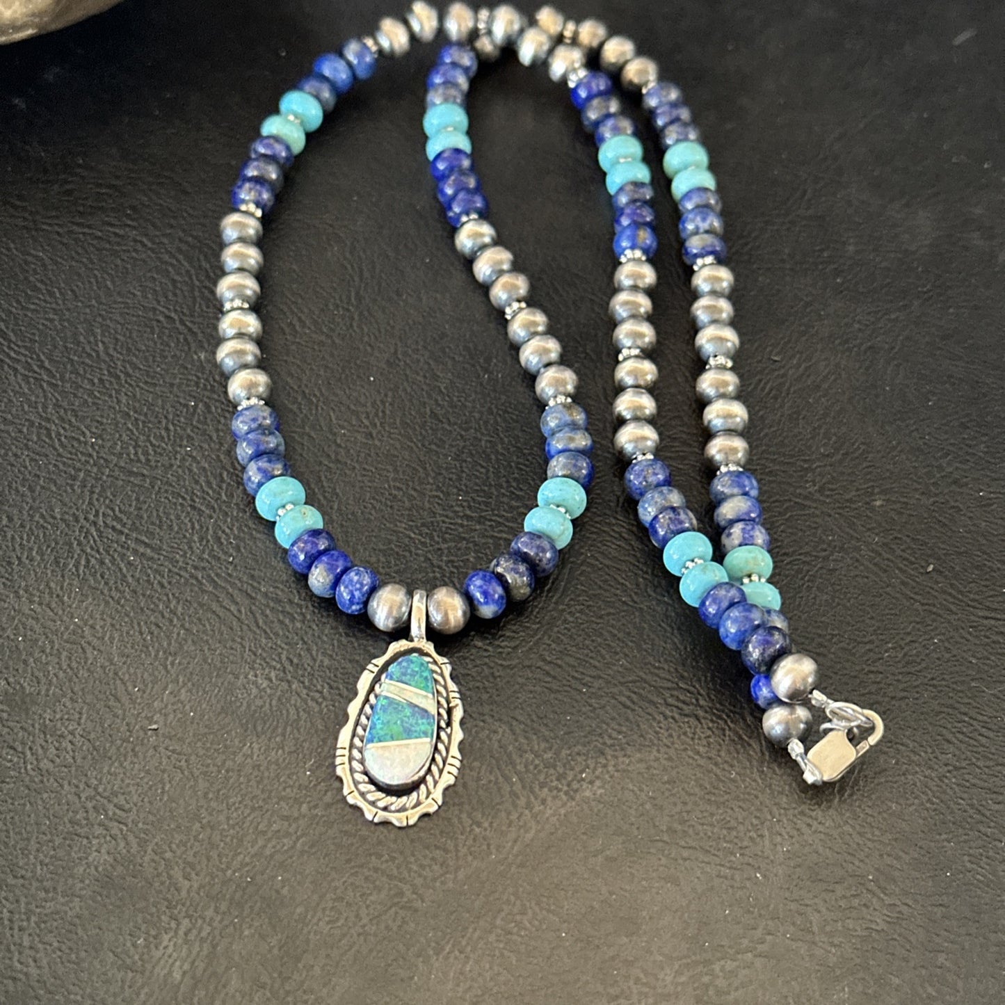 WoMens Opal Inlay Pendant Navajo Sterling Silver Blue Lapis Bead Necklace 18915