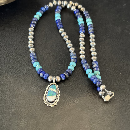 WoMens Opal Inlay Pendant Navajo Sterling Silver Blue Lapis Bead Necklace 18915