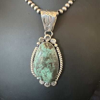 Navajo Sterling Silver Green Rustic Turquoise Necklace Pendant 2.75” 19010