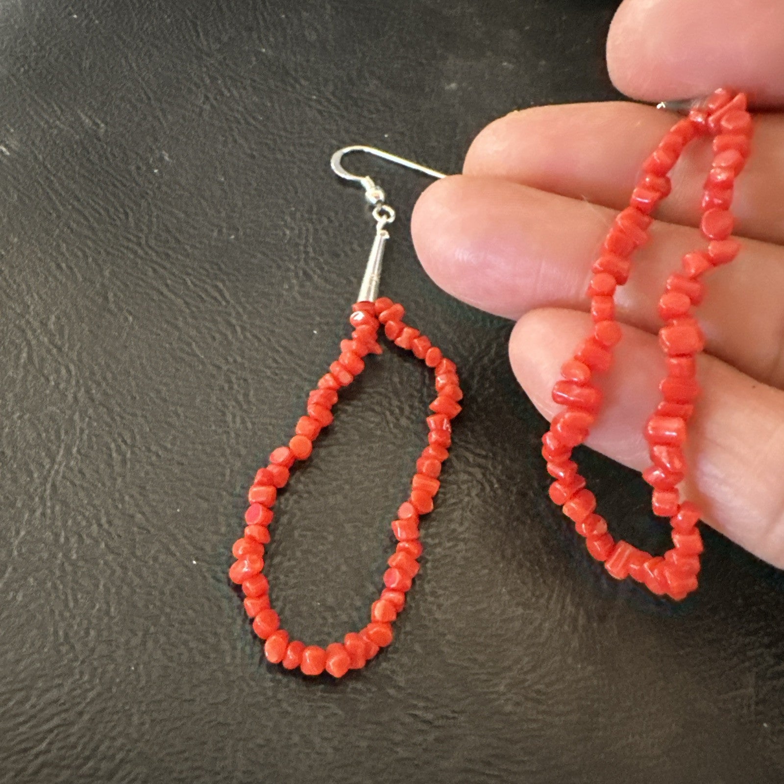 Real Red Orange Coral Nuggets Southwestern Sterling Silver Earrings 2.5” 18956