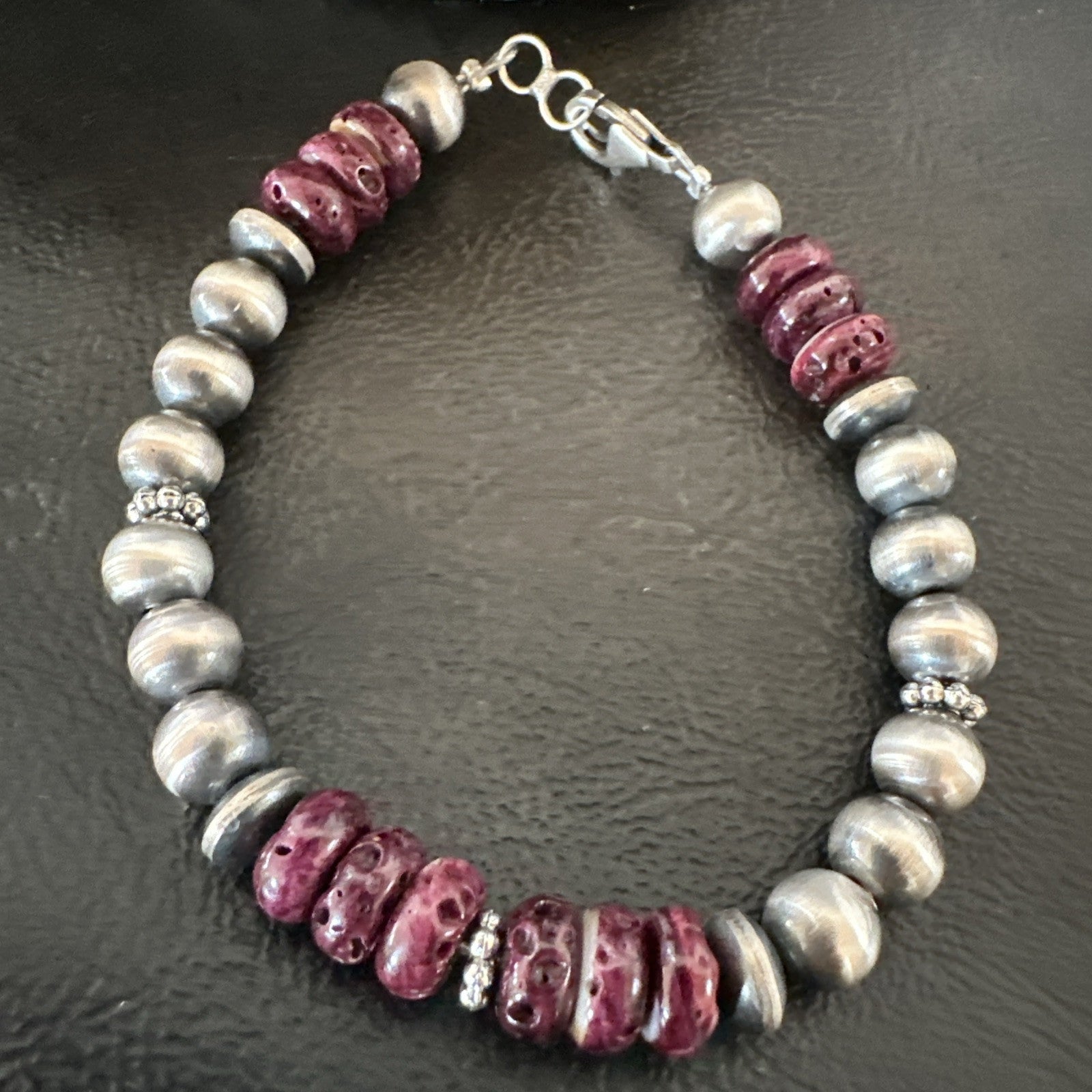 Purple Spiny Oyster 8mm Bead Bracelet Navajo Sterling Silver 6.5" 18946