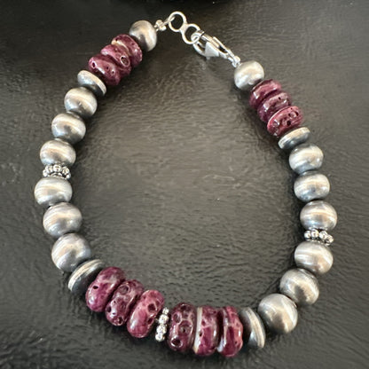 Purple Spiny Oyster 8mm Bead Bracelet Navajo Sterling Silver 6.5" 18946