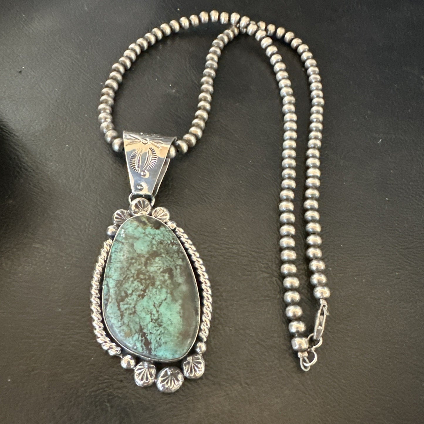 Navajo Sterling Silver Green Rustic Turquoise Necklace Pendant 2.75” 19010