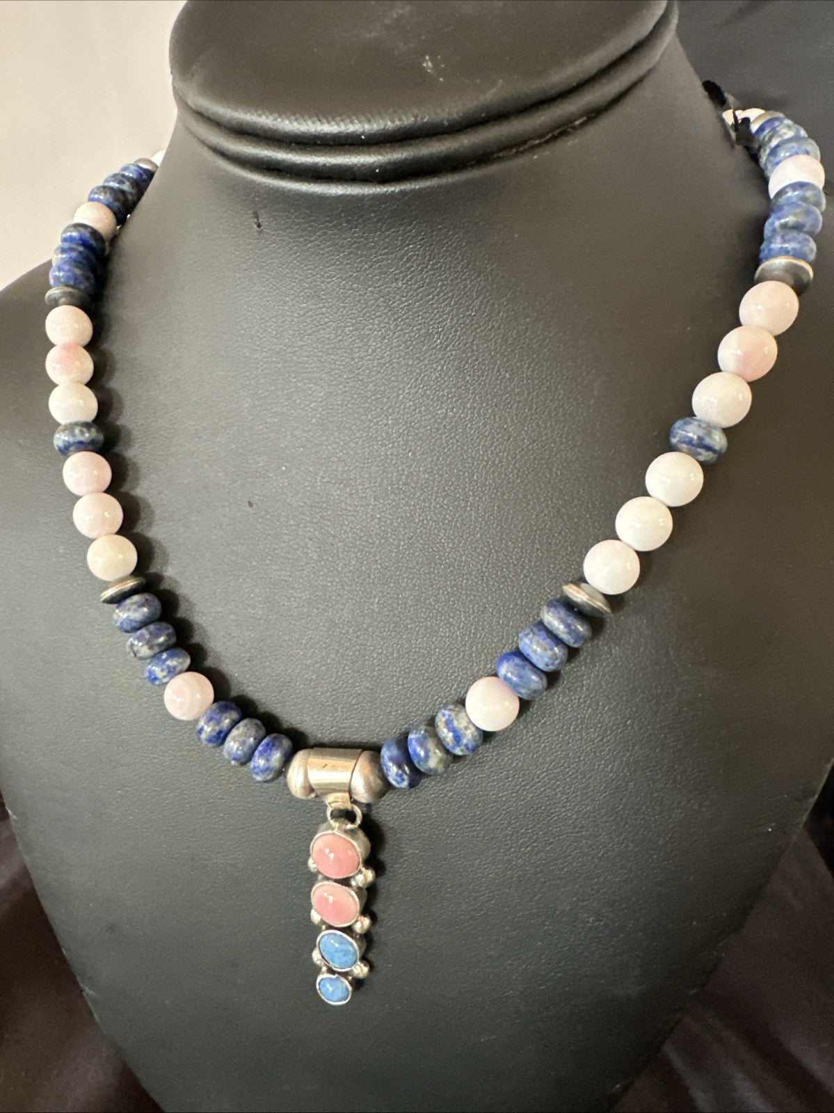 Cluster Pendant Pink Conch Lapis Navajo Pearls Sterling Silver Necklace 18896