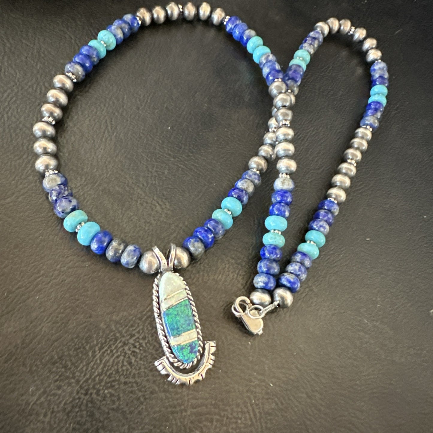 WoMens Opal Inlay Pendant Navajo Sterling Silver Blue Lapis Bead Necklace 18914
