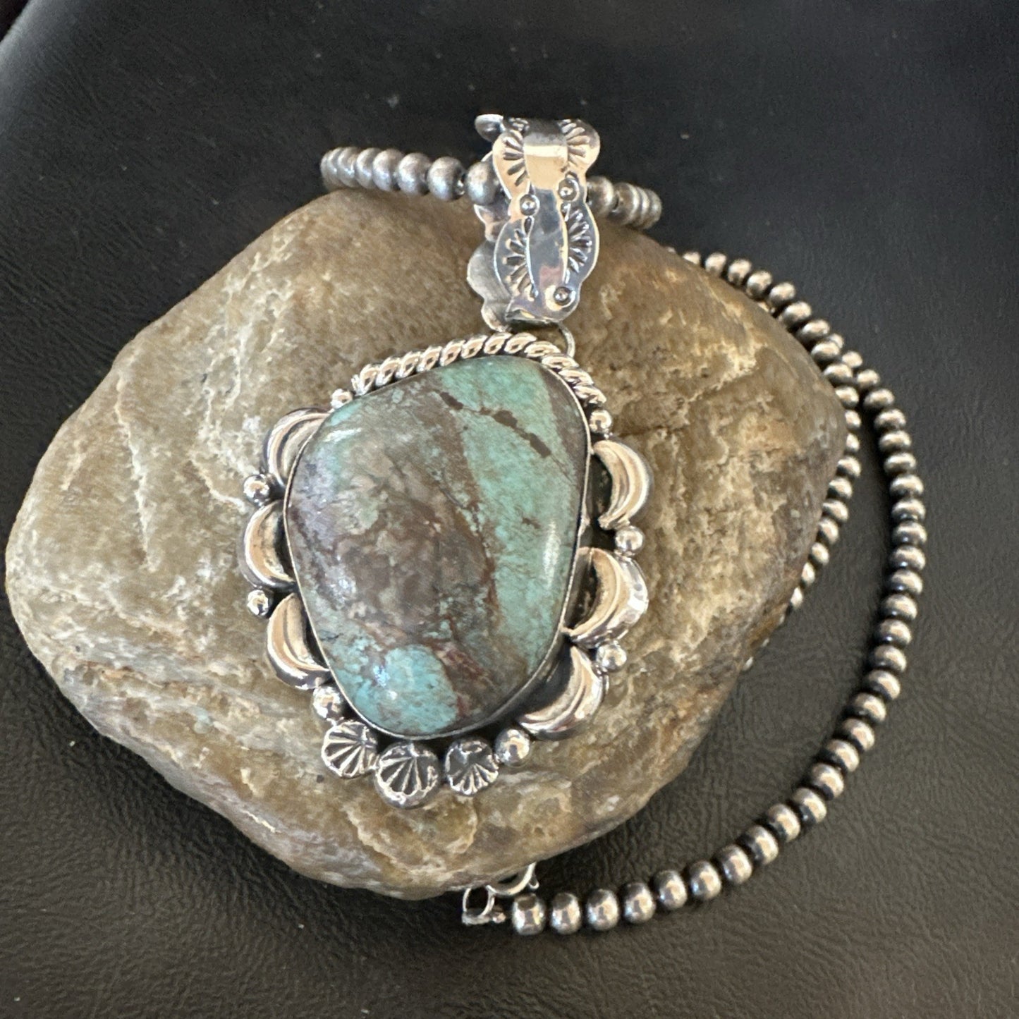 Navajo Sterling Silver Green Rustic Turquoise Necklace Pendant 2.75” 19013
