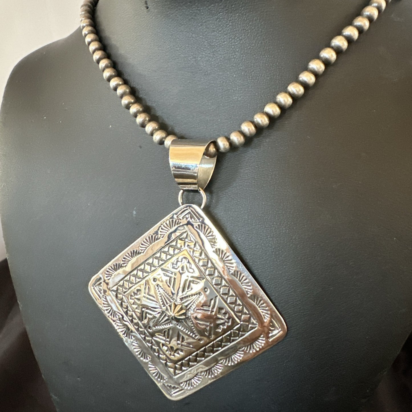 H Joe Handmade Stamped Pendant Navajo Sterling Silver Necklace 3.5" 18981