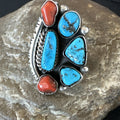 Navajo Cluster Blue Kingman Turquoise Coral Ring Sz 7 | Sterling Silver | Authentic Native American Handmade | 18881