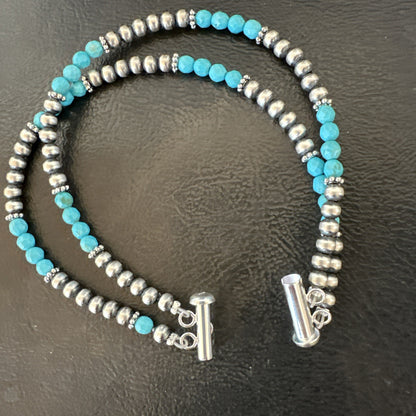 Blue Turquoise Faceted Bead Navajo Sterling Silver Beads Bracelet 7.5" 18999