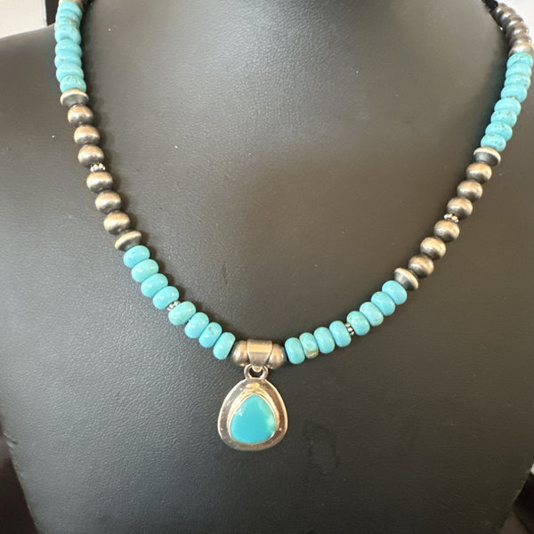 Women's Blue Kingman Turquoise Pendant Navajo Necklace 21" | Sterling Silver | Authentic Native American Handmade | 18940