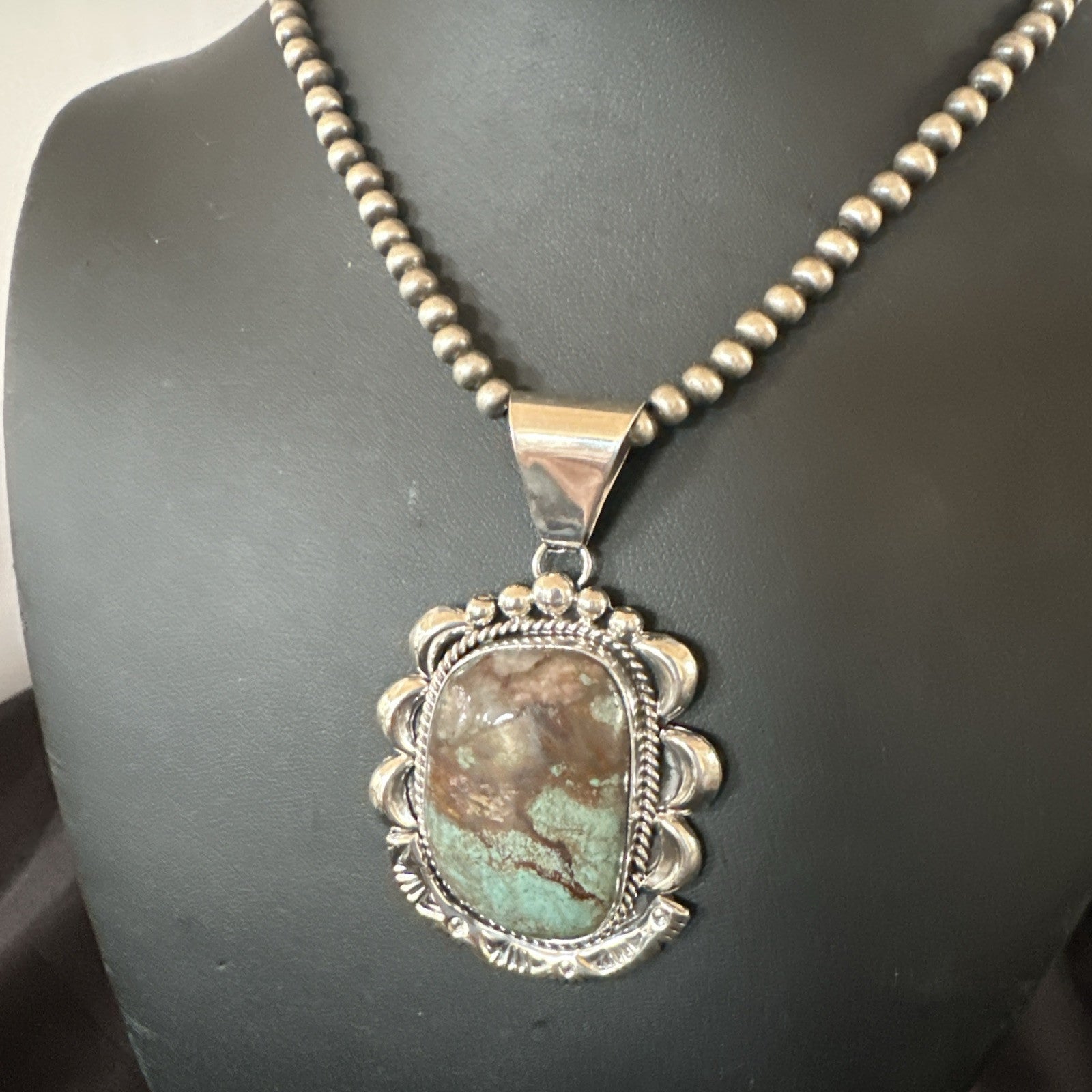 Yazzie Navajo Sterling Silver Blue Rustic Turquoise Necklace Pendant 18976