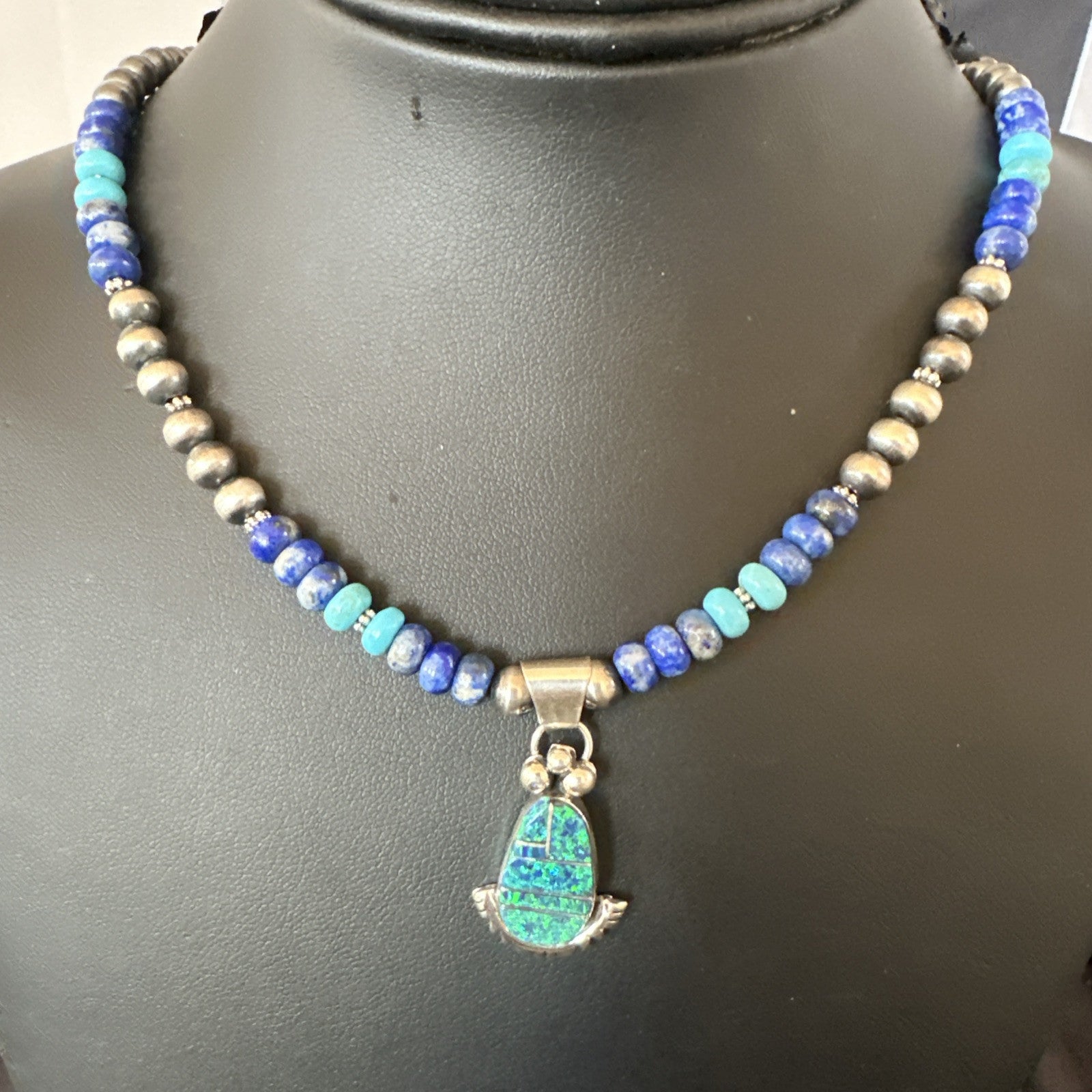 WoMens Opal Inlay Pendant Navajo Sterling Silver Blue Lapis Bead Necklace 18918