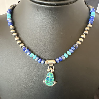 WoMens Opal Inlay Pendant Navajo Sterling Silver Blue Lapis Bead Necklace 18918