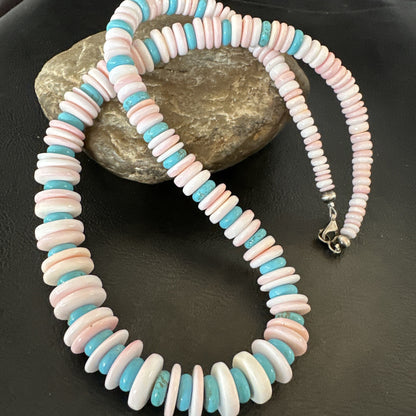 Pink Queen Conch Turquoise Graduated Navajo Sterling Silver Necklace 18944
