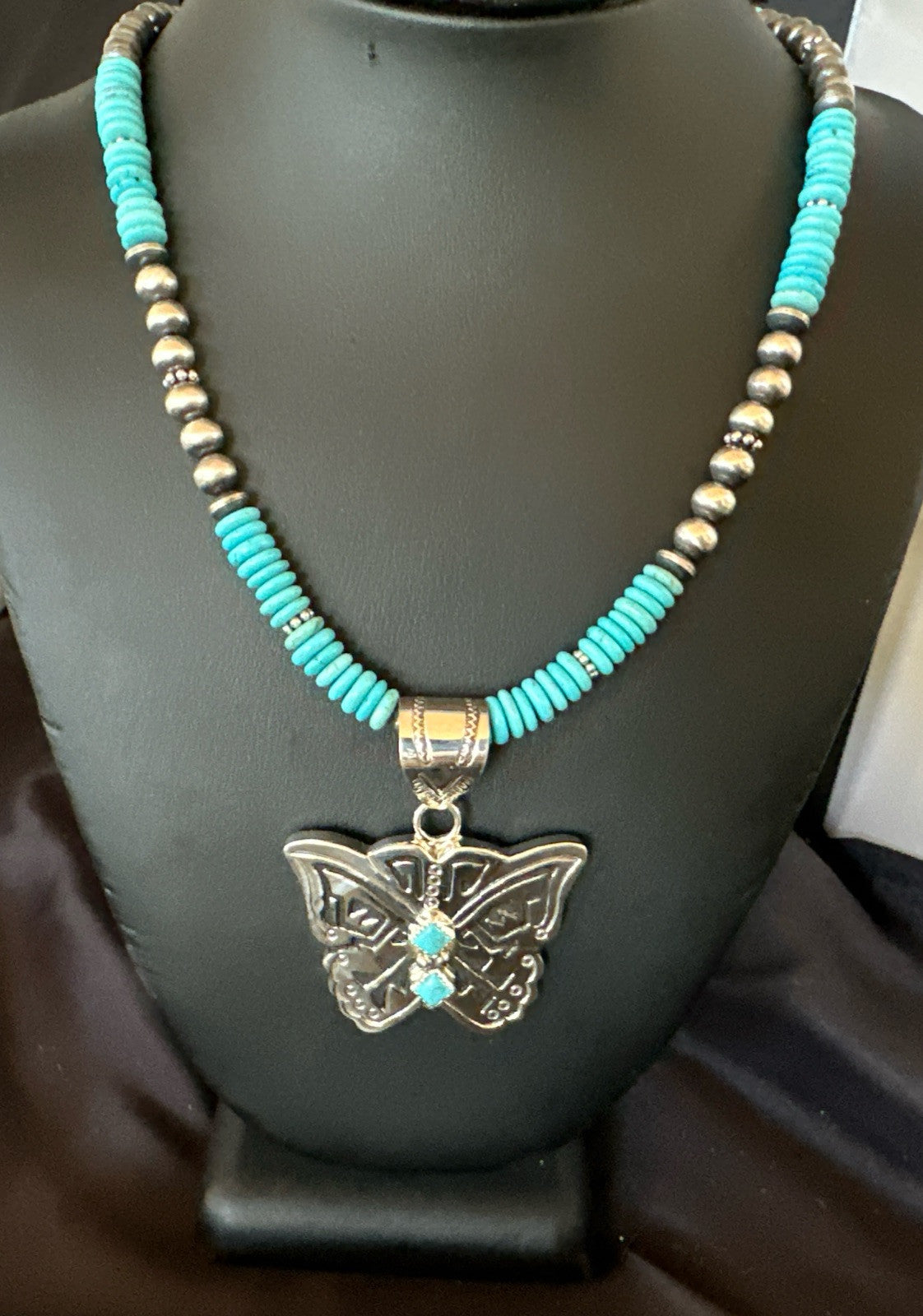 Butterfly Blue Turquoise Pendant Navajo Sterling Silver Necklace 24" 18904