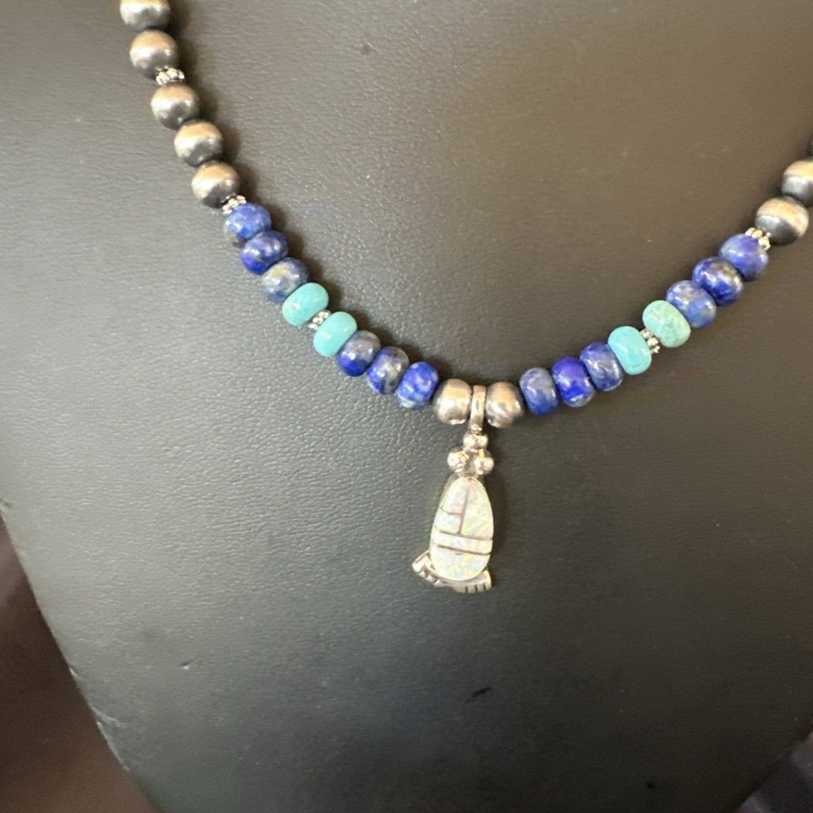 WoMens Opal Inlay Pendant Navajo Sterling Silver Blue Lapis Bead Necklace 18912