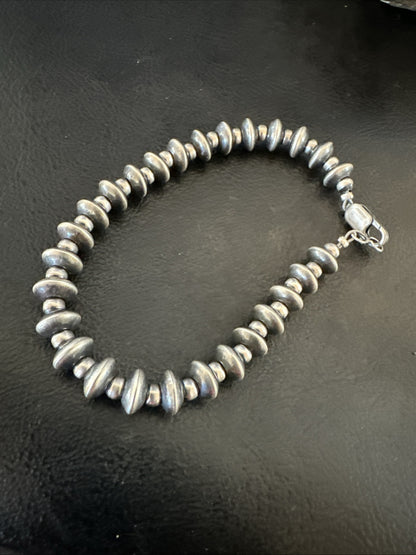 Navajo 7mm Flat 4mm Round Beads 6.5” Sterling Silver Bracelet B2