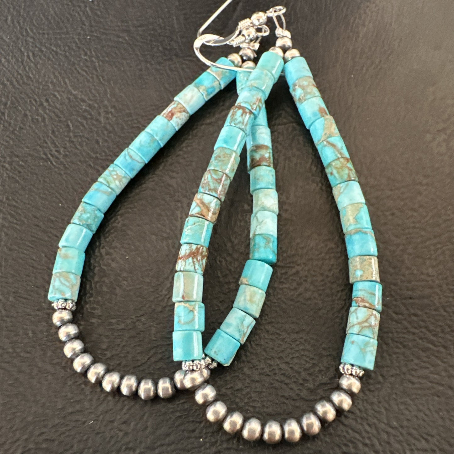 Blue Turquoise Heishi Navajo Sterling Silver Beads Earrings 2.5” 18953
