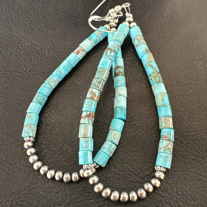 Blue Turquoise Heishi Navajo Sterling Silver Beads Earrings 2.5” 18953