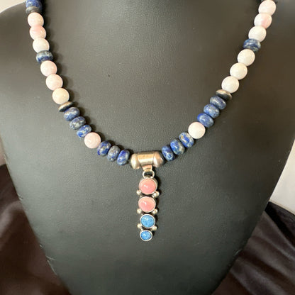 Cluster Pendant Pink Conch Lapis Navajo Pearls Sterling Silver Necklace 18896