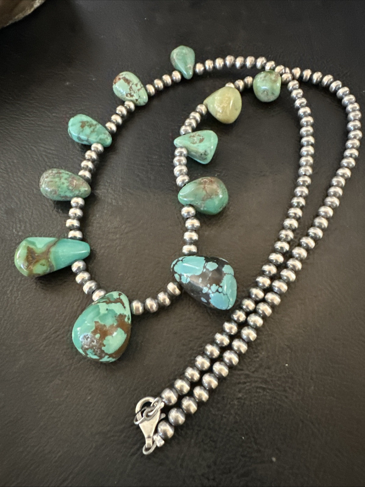 Green Turquoise Teardrop Sterling Silver Beads Necklace 20" 18985