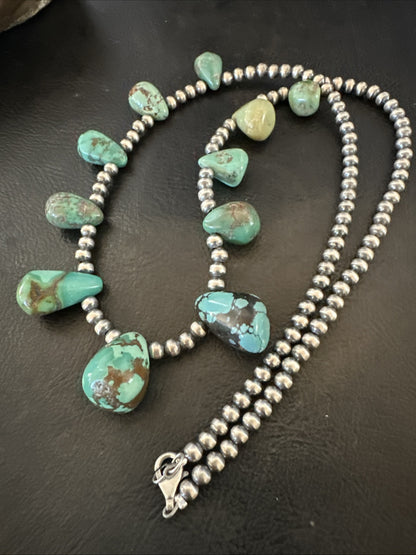 Green Turquoise Teardrop Sterling Silver Beads Necklace 20" 18985