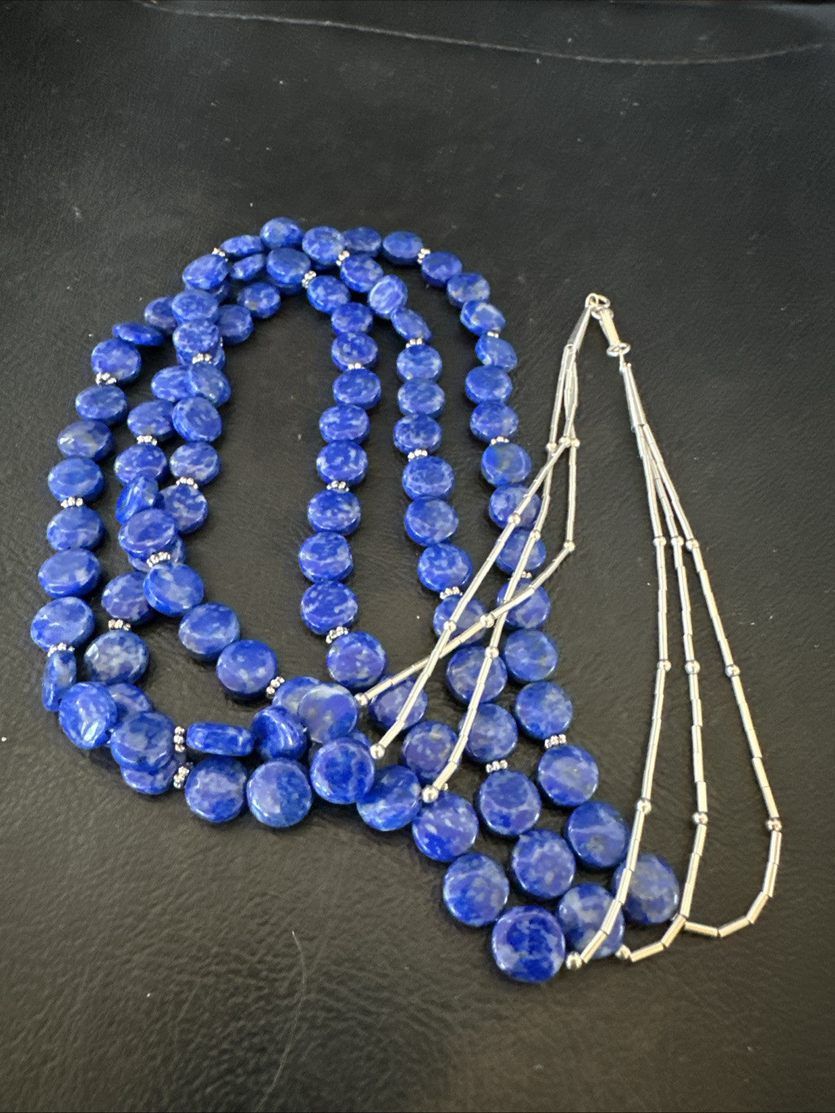 Blue Lapis Heishi 8mm Bead Liquid Sterling Silver 3 Strand Necklace 19" 18961