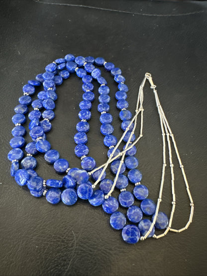 Blue Lapis Heishi 8mm Bead Liquid Sterling Silver 3 Strand Necklace 19" 18961
