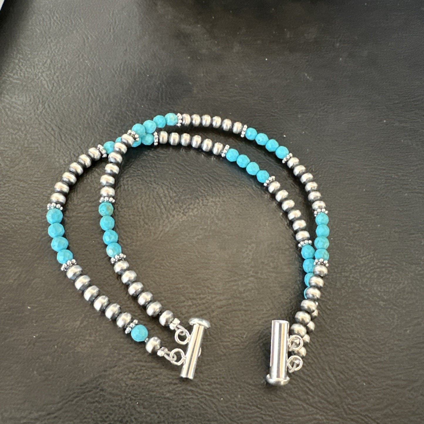 Blue Turquoise Faceted Bead Navajo Sterling Silver Beads Bracelet 7.5" 18999