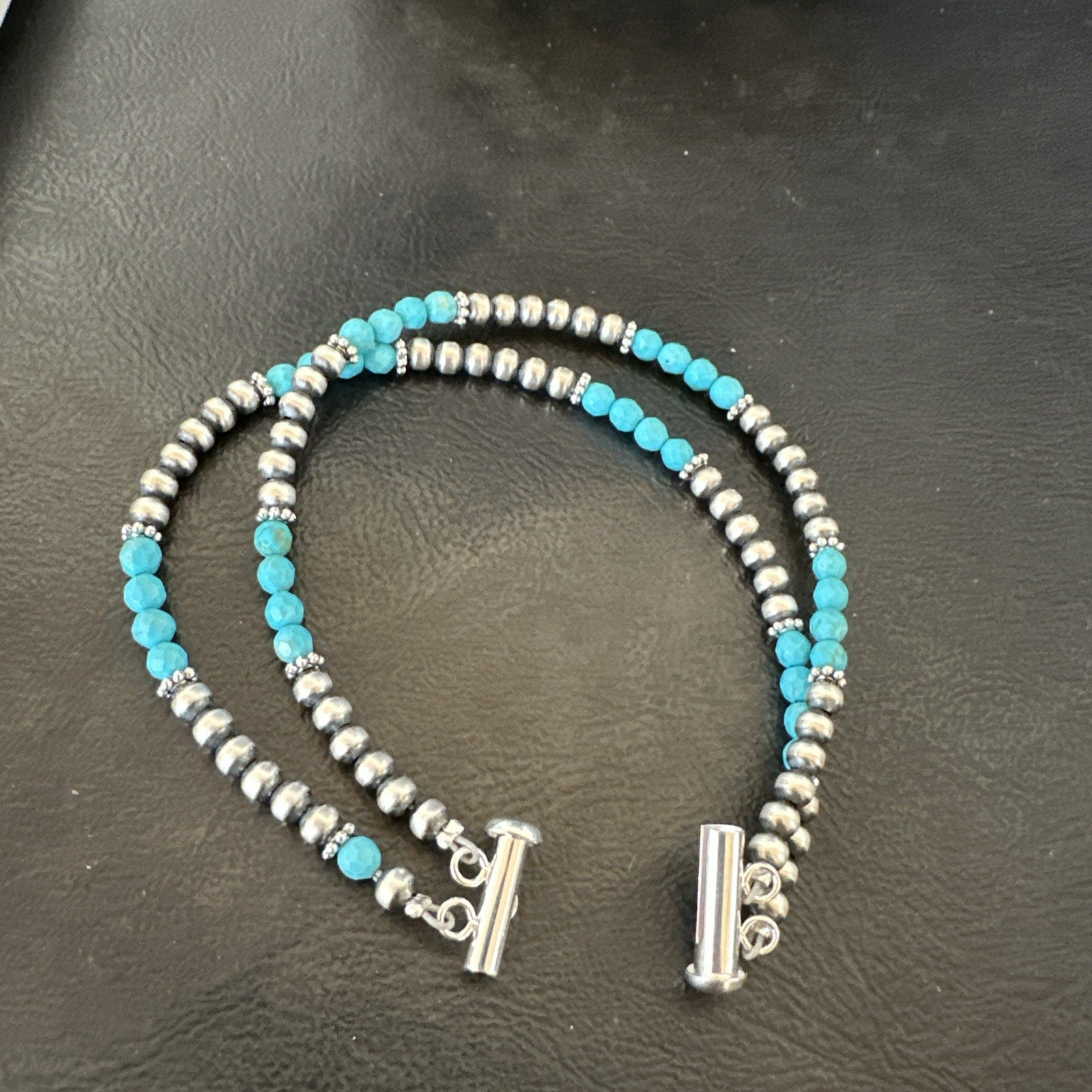Blue Turquoise Faceted Bead Navajo Sterling Silver Beads Bracelet 7.5" 18999