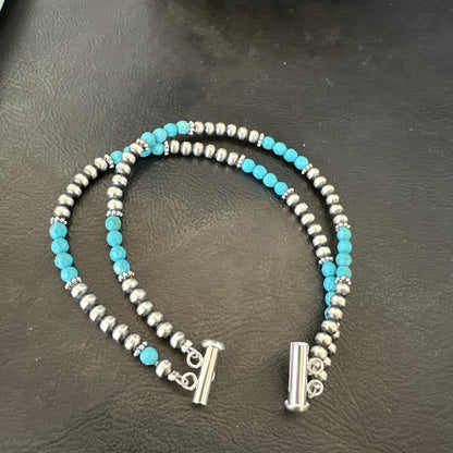 Blue Turquoise Faceted Bead Navajo Sterling Silver Beads Bracelet 7.5" 18999
