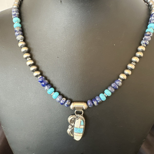 Women's Opal Inlay Pendant Navajo Blue Lapis Bead Necklace | Sterling Silver | Authentic Native American Handmade | 18916