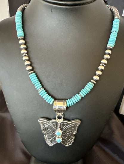 Butterfly Blue Turquoise Pendant Navajo Sterling Silver Necklace 24" 18904