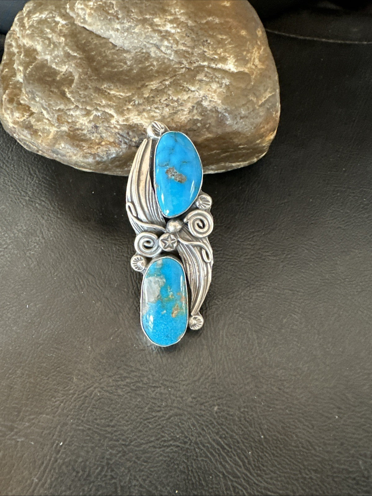 XL Navajo Cluster Blue Kingman Turquoise Sterling Silver Ring Sz 7 18990