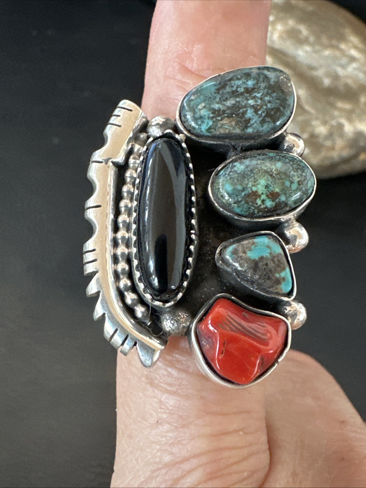 Navajo Cluster Onyx Blue Turquoise Coral Sterling Silver Ring Sz 7.5 18886