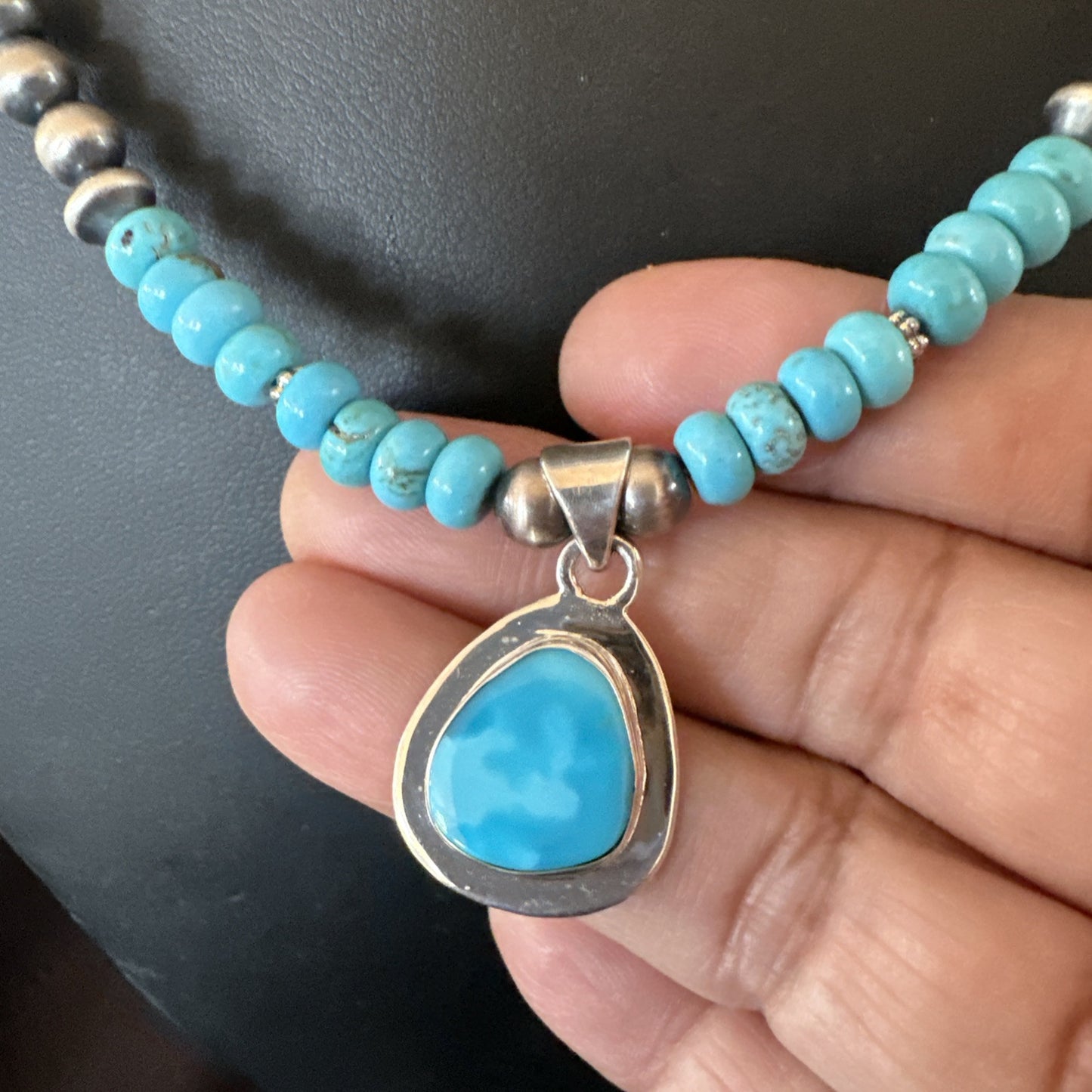 WoMens Blue Kingman Turquoise Pendant Navajo Sterling Silver Necklace 21" 18938