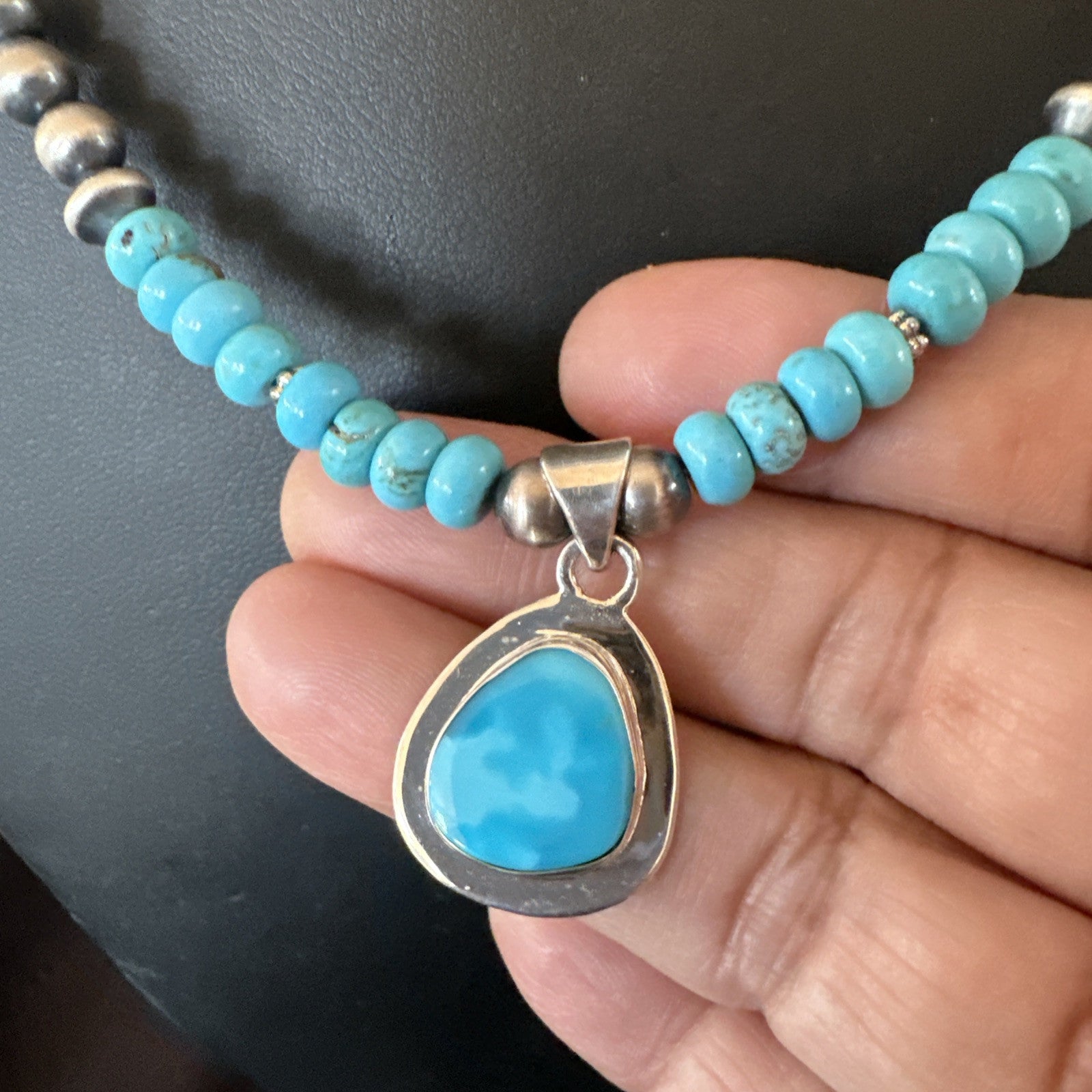 WoMens Blue Kingman Turquoise Pendant Navajo Sterling Silver Necklace 21" 18938