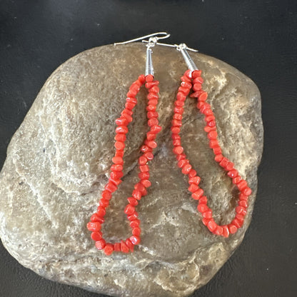 Real Red Orange Coral Nuggets Southwestern Sterling Silver Earrings 2.5” 18956