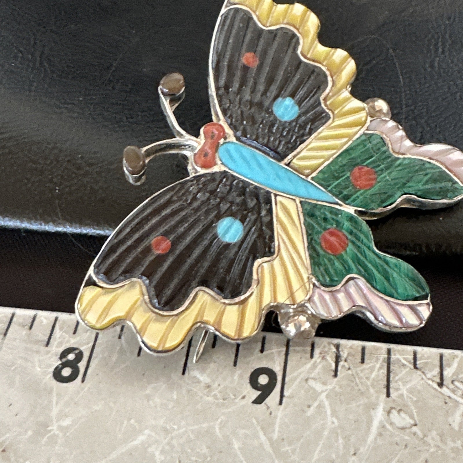 Multicolor Turquoise MOP Onyx Butterfly Sterling Silver Zuni Pin Pendant 18901