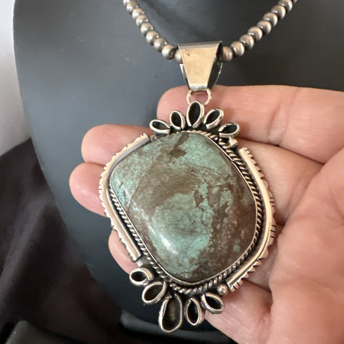 Yazzie Navajo Sterling Silver Blue Rustic Turquoise Necklace Pendant 18977
