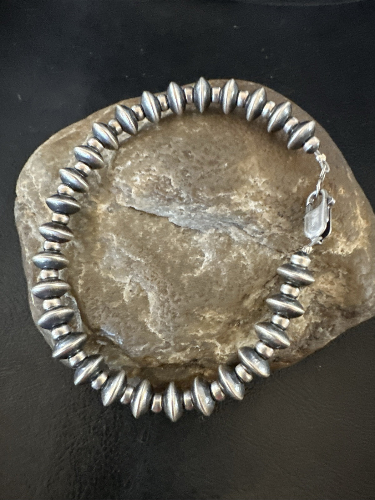 Navajo 8mm Flat 4mm Round Beads 7” Sterling Silver Bracelet 18983