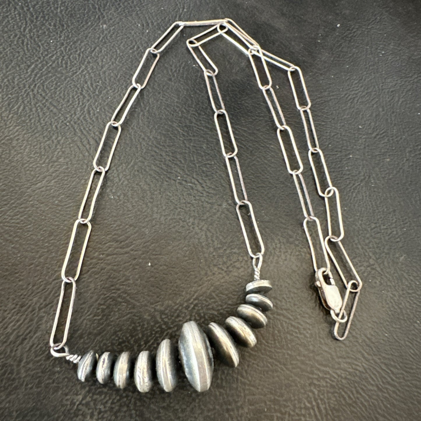Navajo Rondel Saucer Flat Sterling Silver Beads Chain Necklace 18” 18948