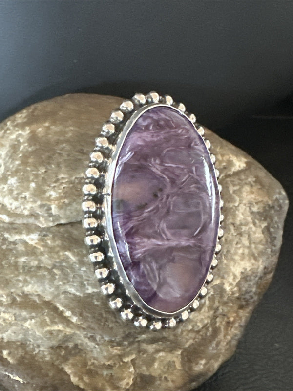 H Joe Purple Charoite Navajo Oval Ring Size 7 | Sterling Silver | Authentic Native American Handmade | 18962