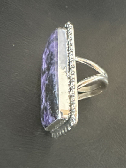 H Joe Purple Charoite Navajo Sterling Silver Rectangle Ring Size 7.5 18964